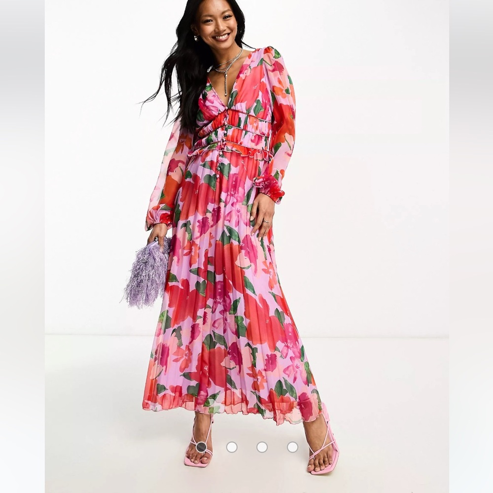 ASOS SIZE 6 maxi dress long sleeve - floral colorful red pink purple LIKE NEW
